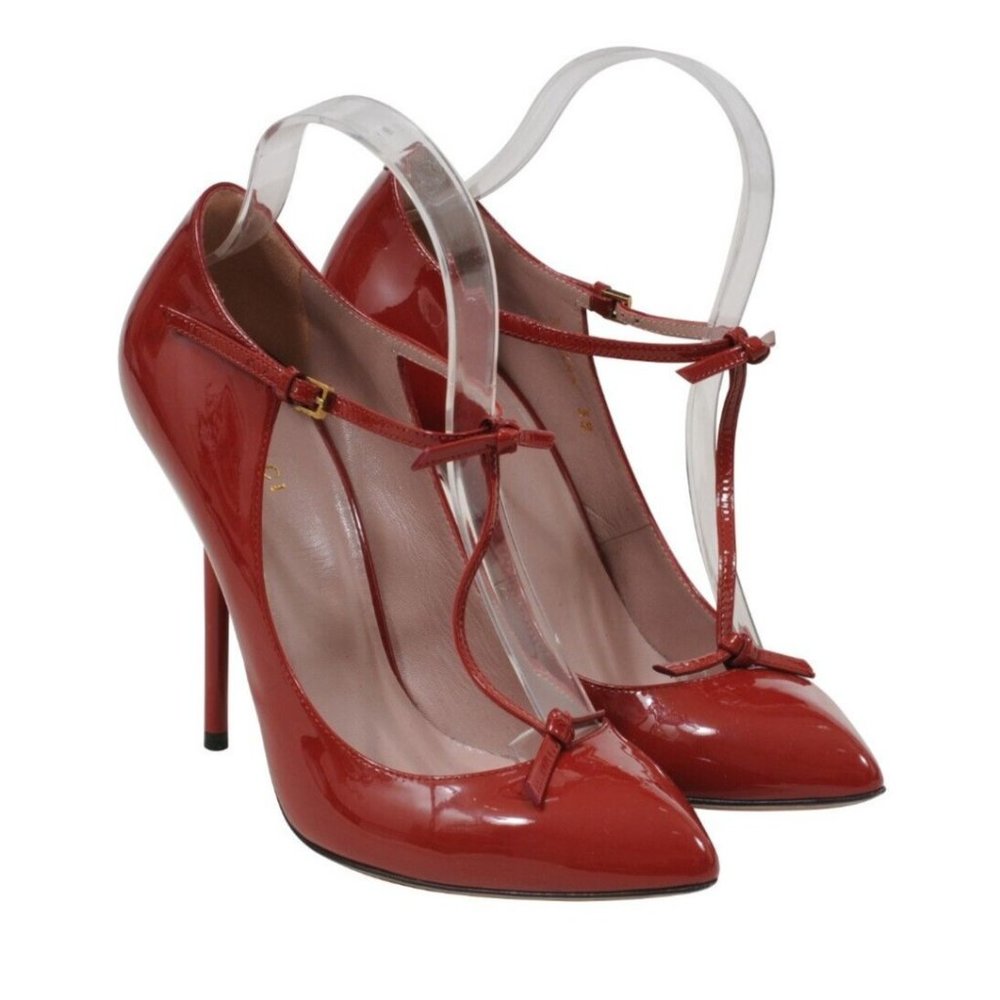 Gucci Womens Beverly T- Bar Pumps Size US 8 38 Red Patent Leather Strap Heels